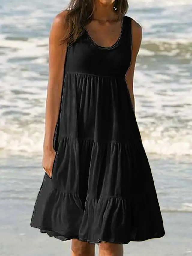 Women's White Dress Sundress Midi Dress Black And White Light Pink Green Sleeveless Pure Color Ruched Spring Summer Crew Neck Basic Boom Sale Dress S M L XL XXL 3XL 4XL 5XL