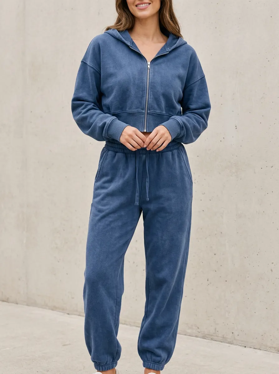 Vintage-Wash Sporty Women's Cropped Zip-Up Hoodie Jogger Active Set