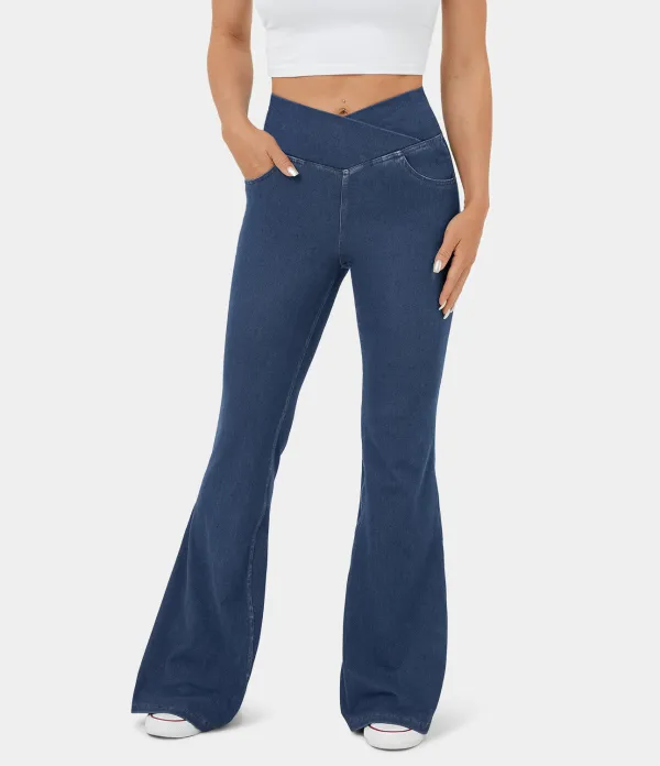 Magic High Waisted Crossover Pocket Cool Touch Washed Stretchy Knit Casual Super Flare Jeans