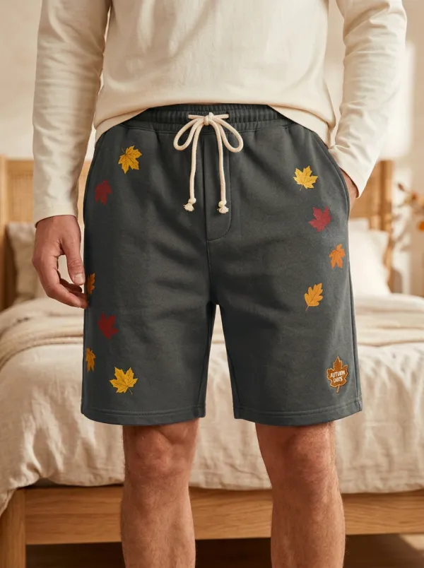 Tan Leaf-print Drawstring Lounge Shorts