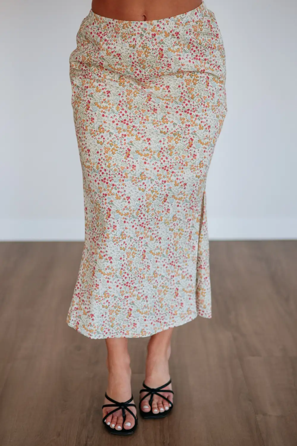 Floral Print Cotton Slit Midi Skirt