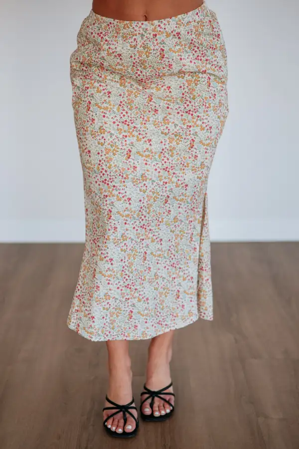 Floral Print Cotton Slit Midi Skirt