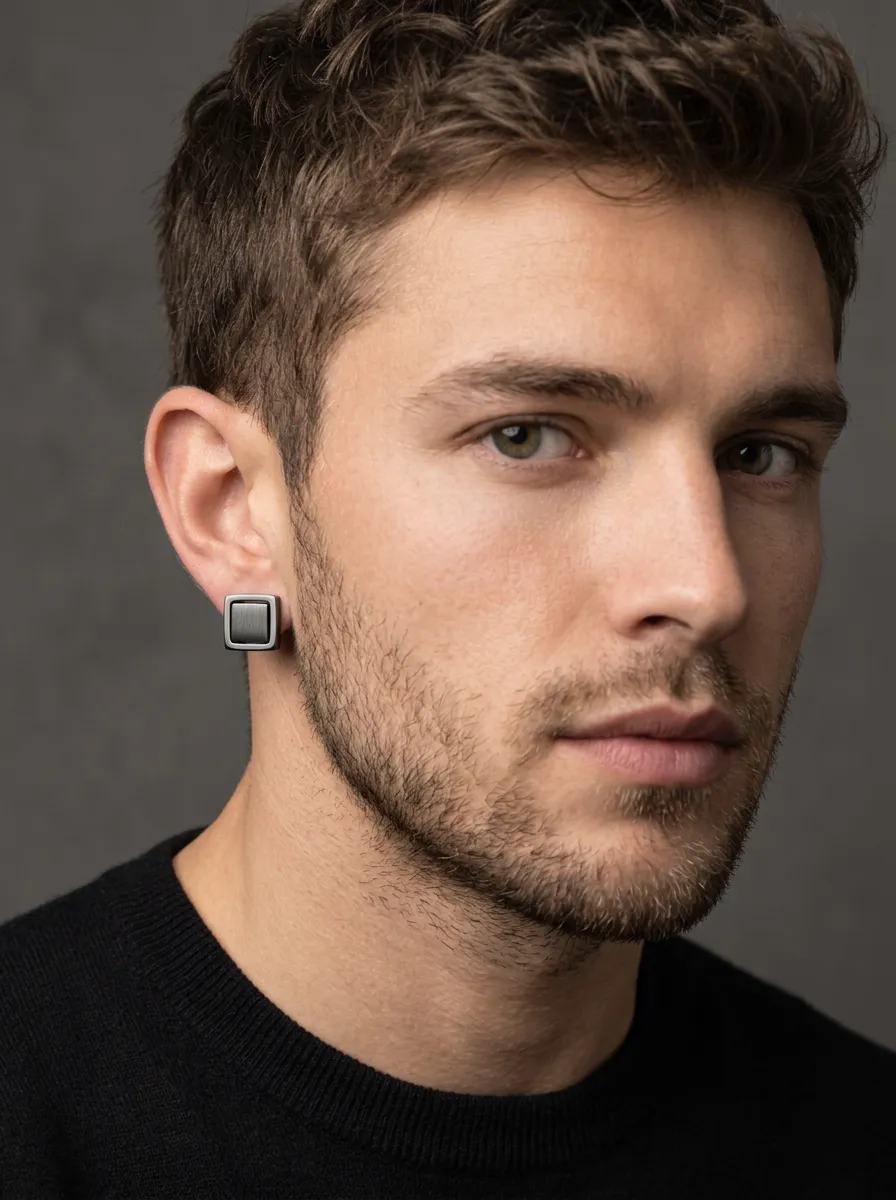 Men's Refined Brushed Square Stud Earrings