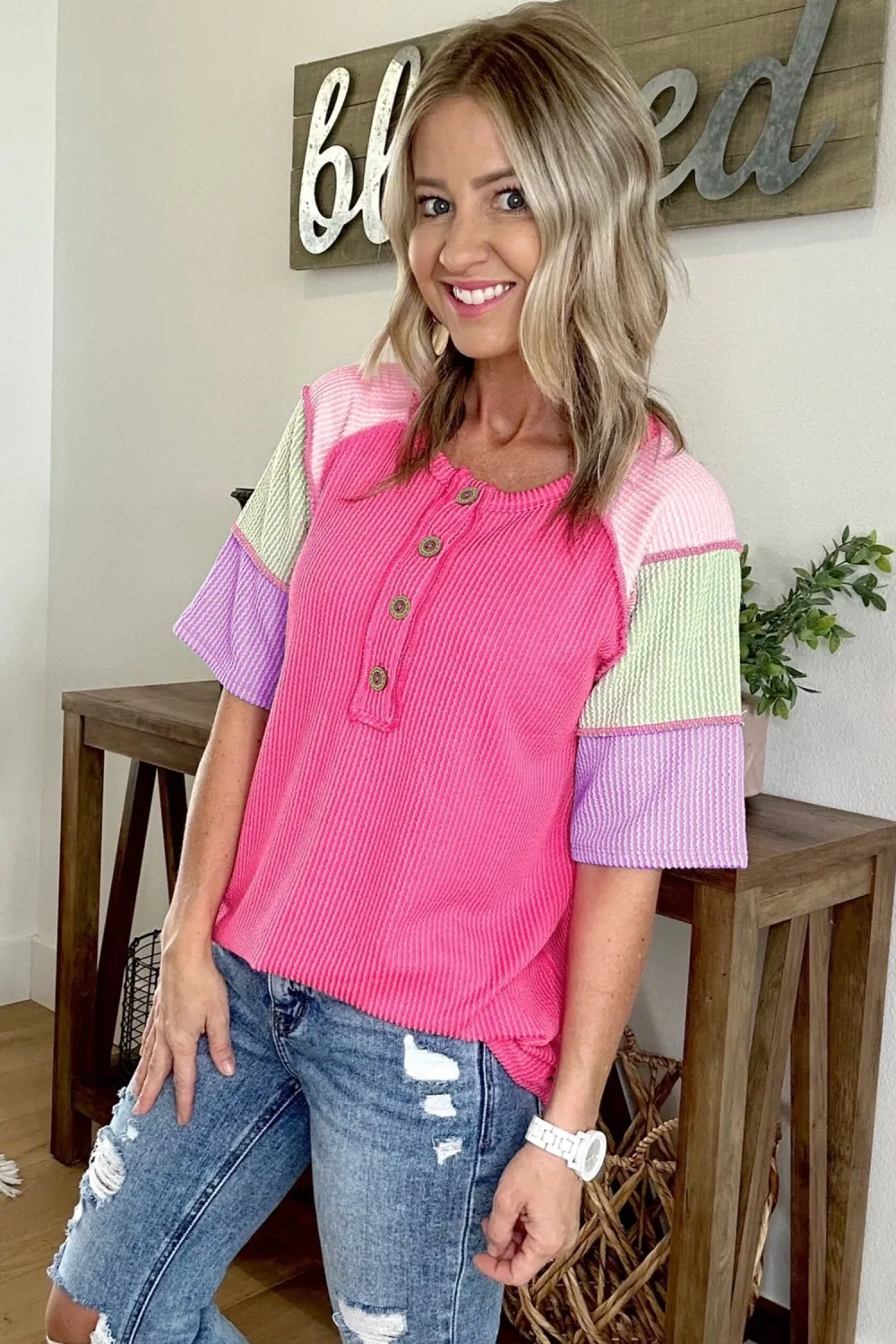Bright Pink Twisted Ribbed Block Tee
