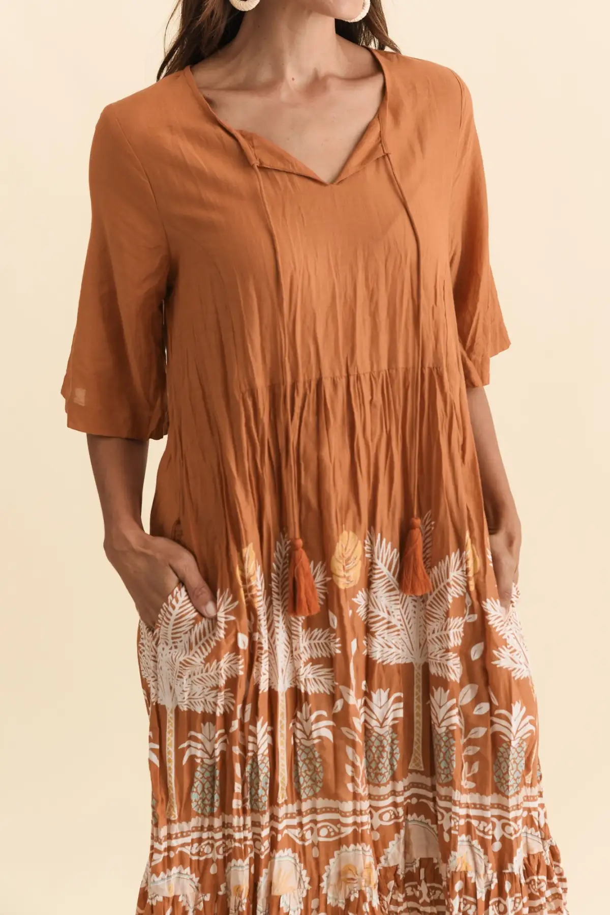 Knee-Length Floral Cotton Pocket Ruffle V-Neck Half-Sleeve Dress
