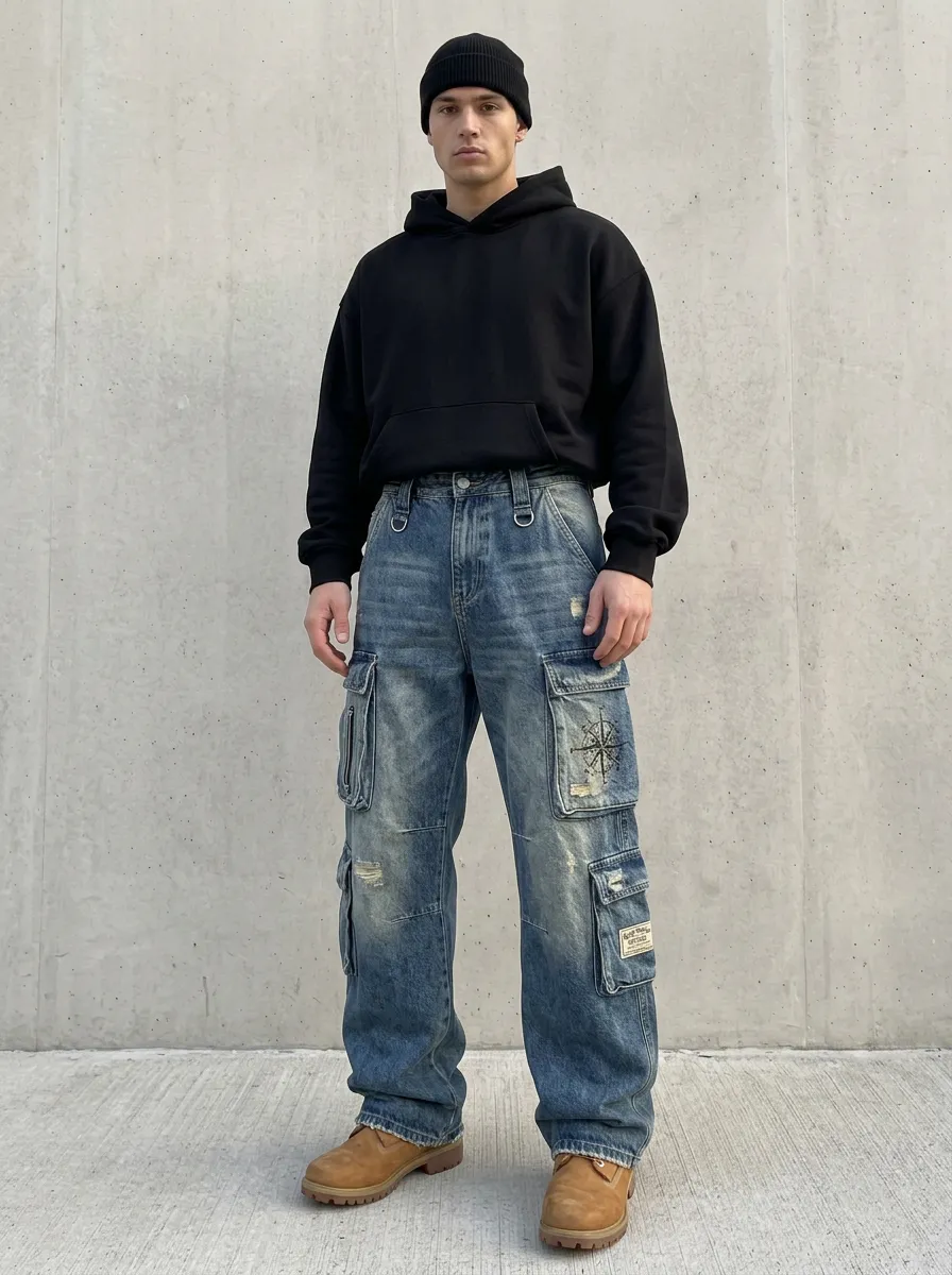 Men's Streetwear Compass Graphic Distressed Denim Cargo Jeans