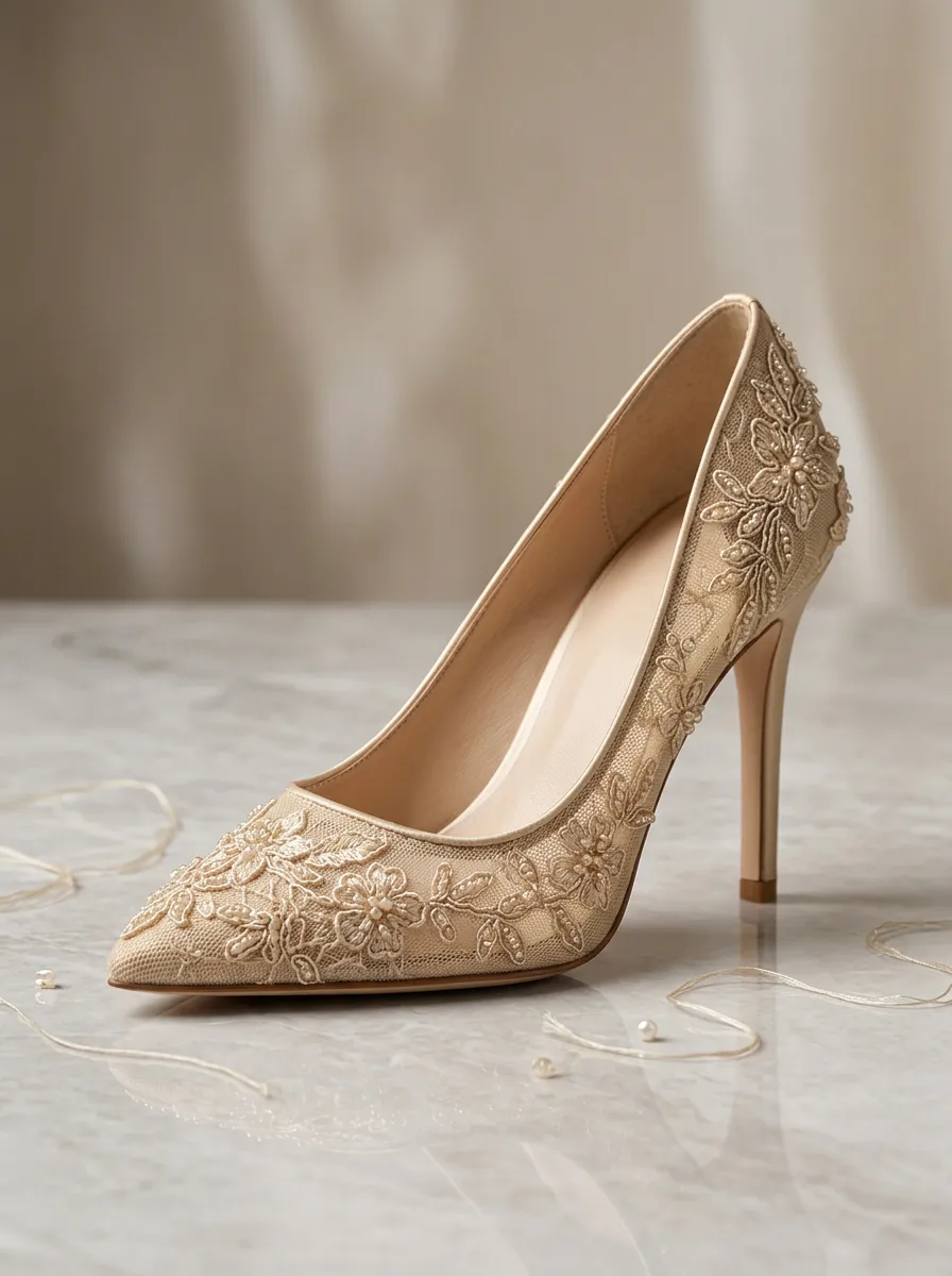 Floral Lace-Detail Embroidered Mesh Women's Formal High Heels