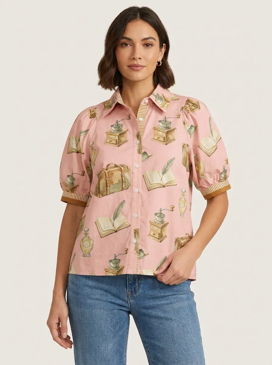 Women's Vintage Stationery Coffee Grinder Graphic Blouse