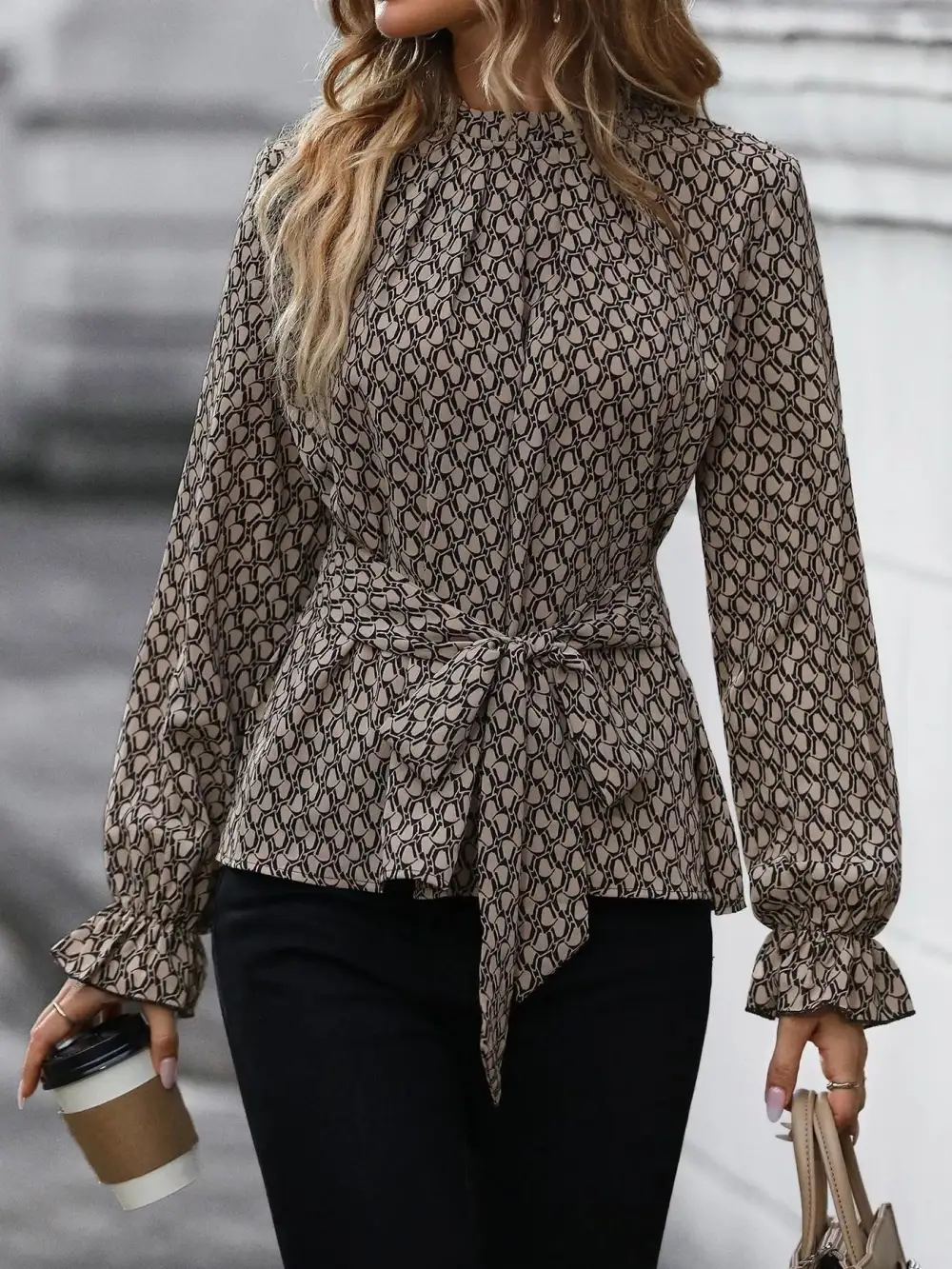 Tie-Waist Flounce-Sleeve Blouse