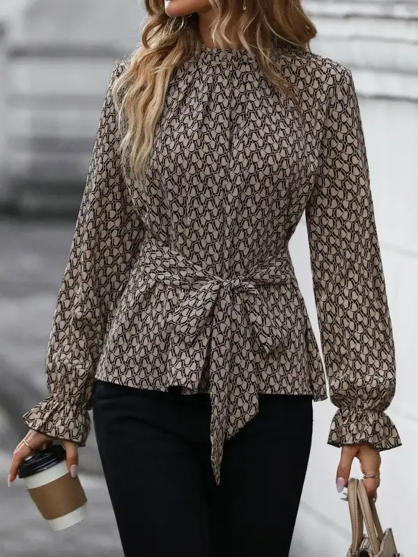 Tie-Waist Flounce-Sleeve Blouse