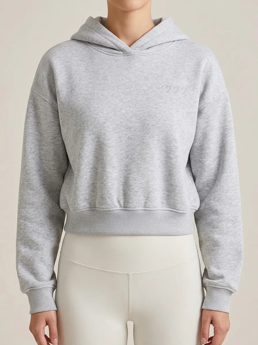 Women's Minimalist Heart Outline Embroidered Grey Cropped Hoodie