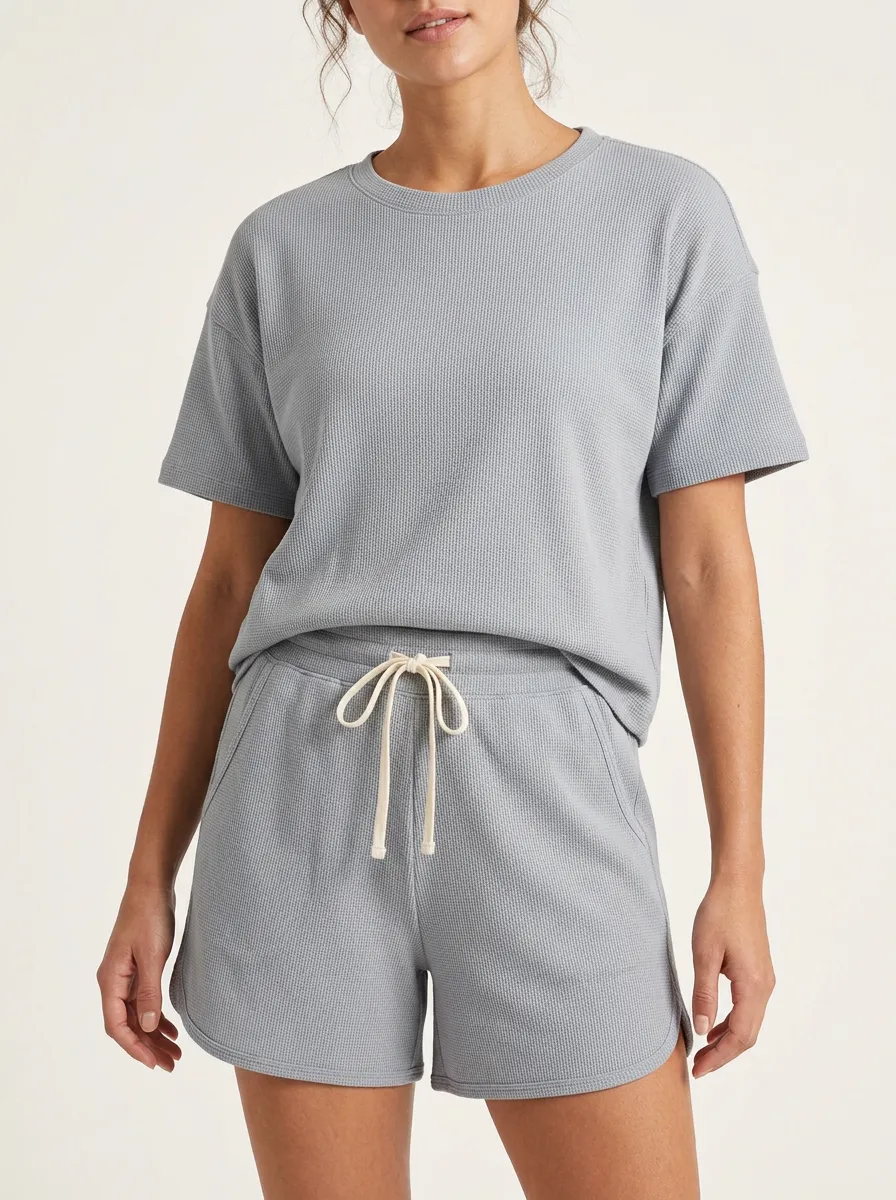Women's Waffle Textured Drawstring Lounge Inspired T-Shirt and Shorts Active Set