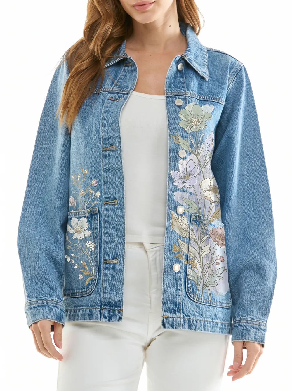 Women's Front Panel Floral Lover Vintage Botanical Denim Jacket