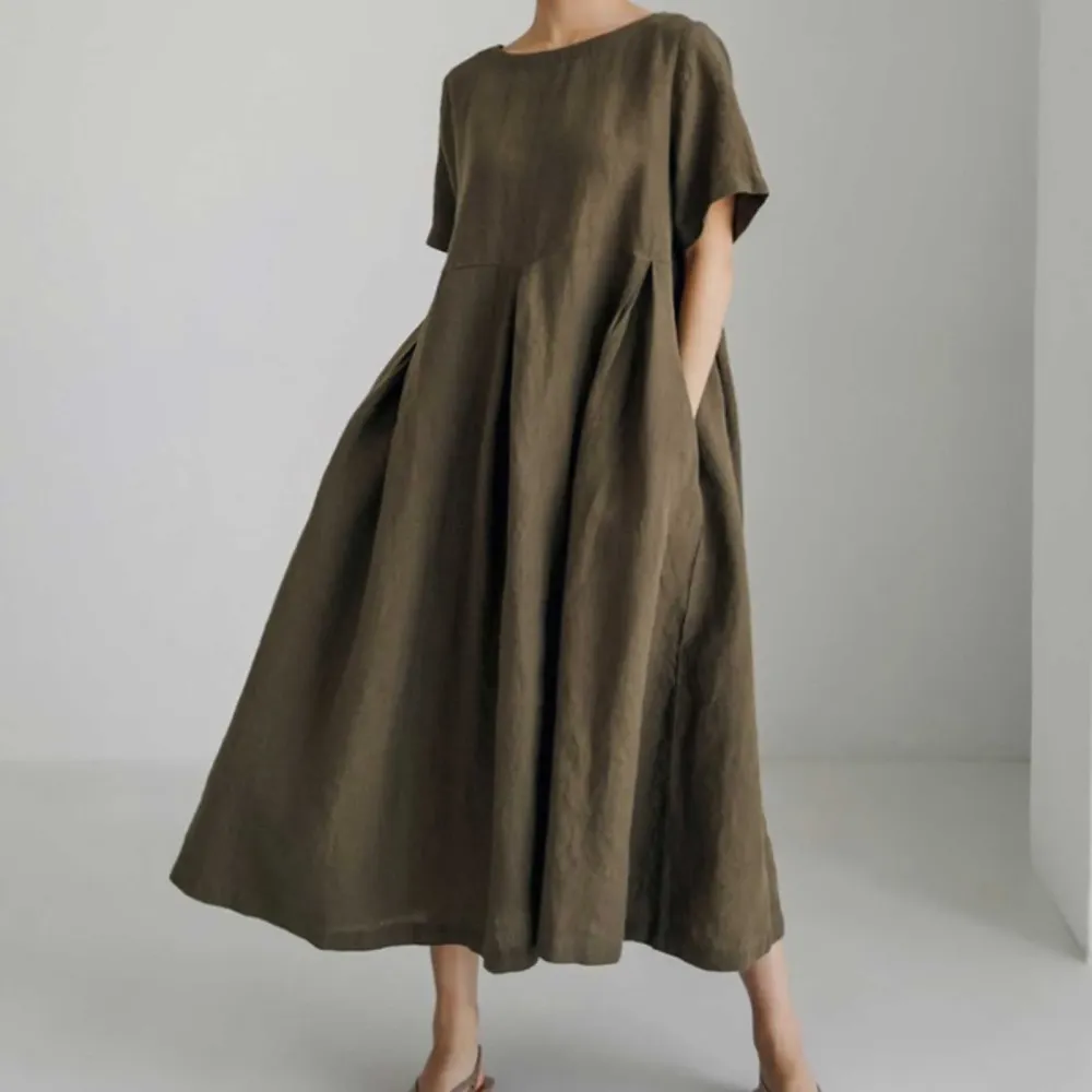 Linen Blend Cotton Blend Maxi Draped Fit Dress
