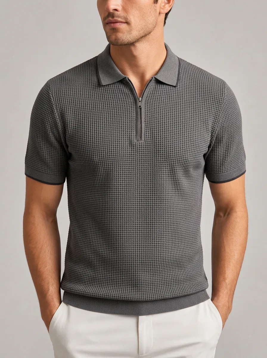 Men's Heritage Equestrian Lover Textured Zip-up Polo Shirt