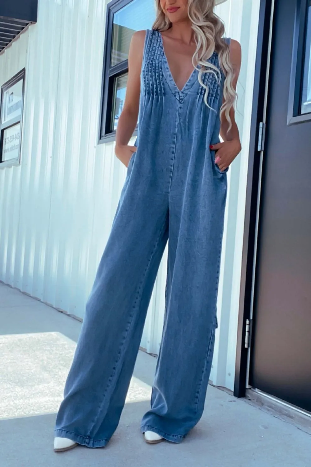 V Neck Wide Leg Everyday Jumpsuit Denim Pants