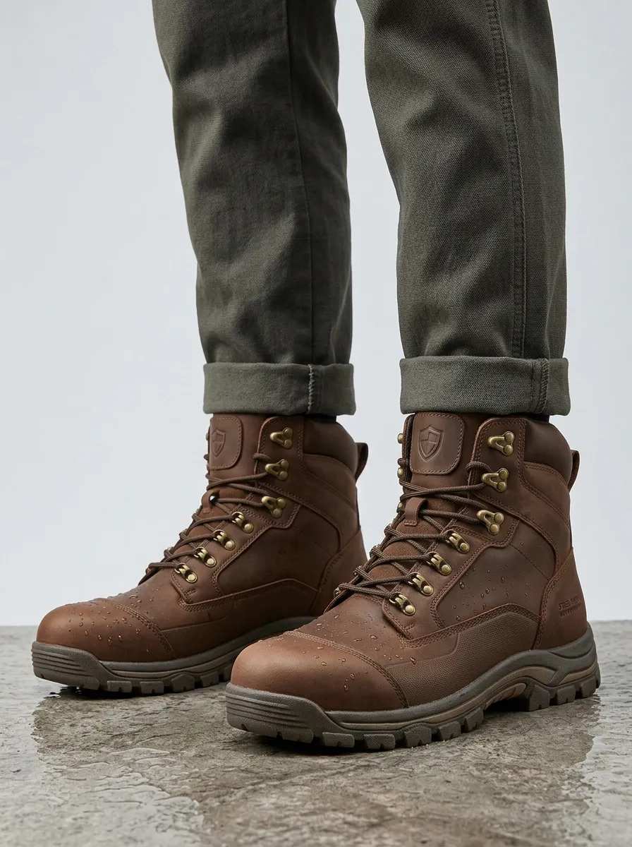 Unisex Steel Toe Waterproof Brown Leather Work Boots