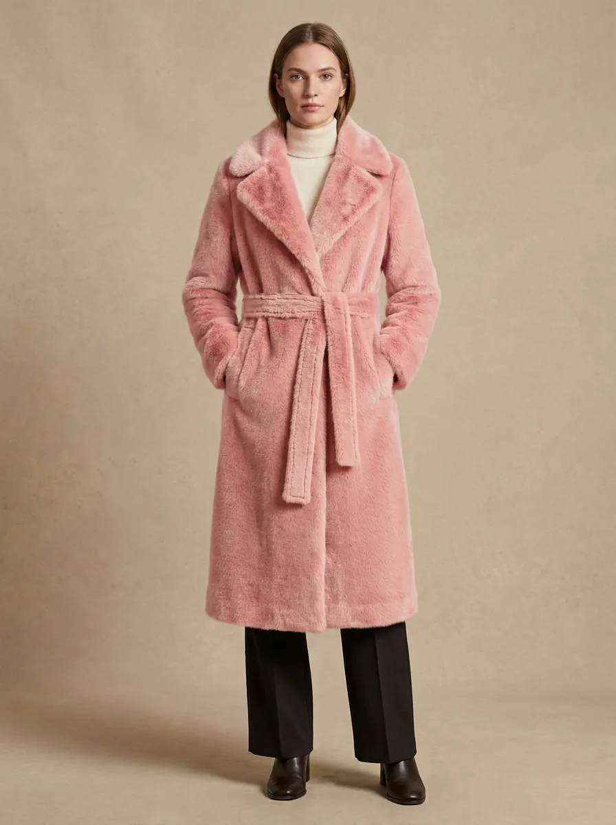 Side Pockets Belted Faux Fur Coat