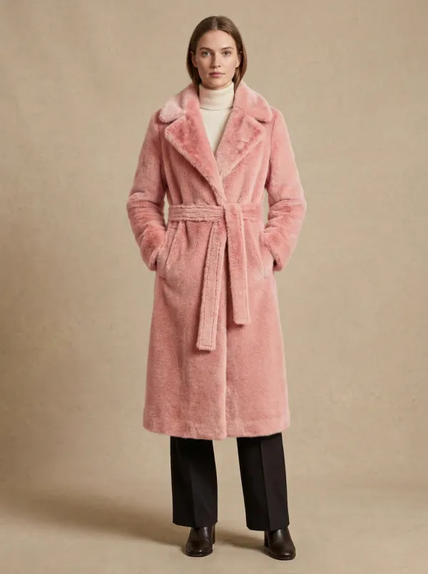 Side Pockets Belted Faux Fur Coat