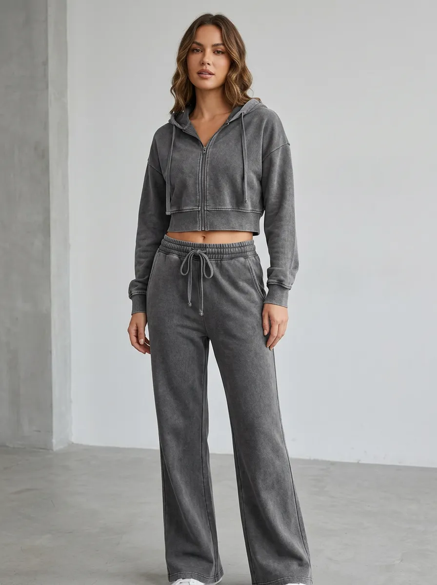 Women's Washed Vintage Inspired Cropped Hooded Jacket and Flare Pants Active Set
