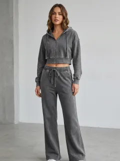 Women's Washed Vintage Inspired Cropped Hooded Jacket and Flare Pants Active Set
