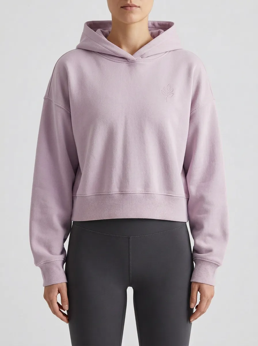 Women's Minimalist Leaf Embroidered Beige Cropped Hoodie