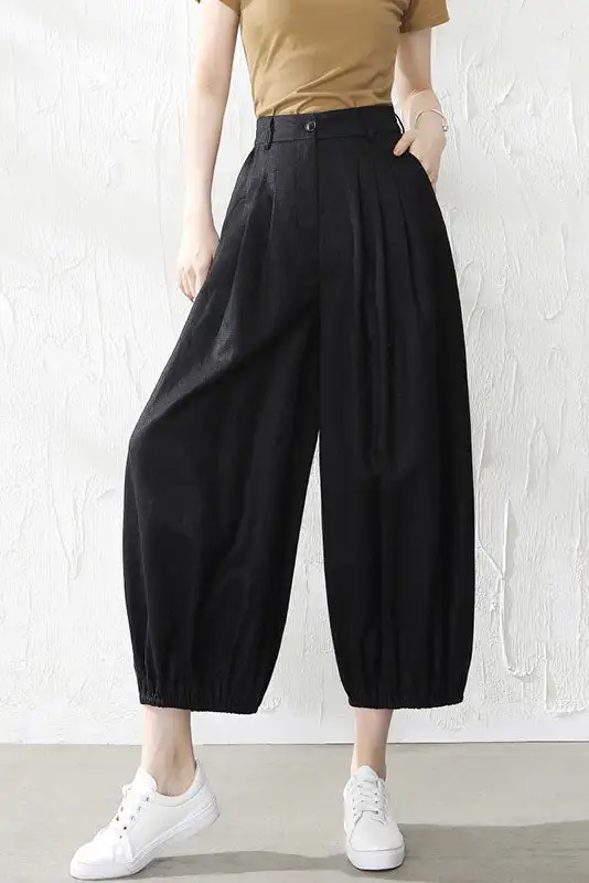 Modern Linen Wide Leg Elastic Waist Pocketed Trousers