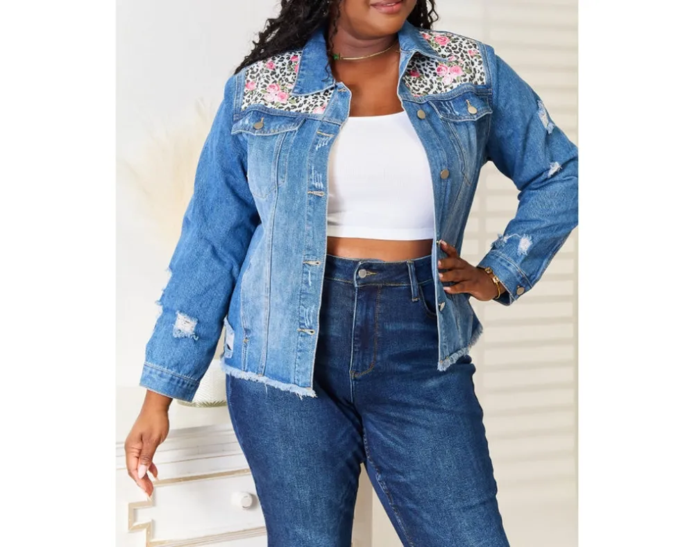 Leopard Floral Distressed Raw-Hem Denim Jacket