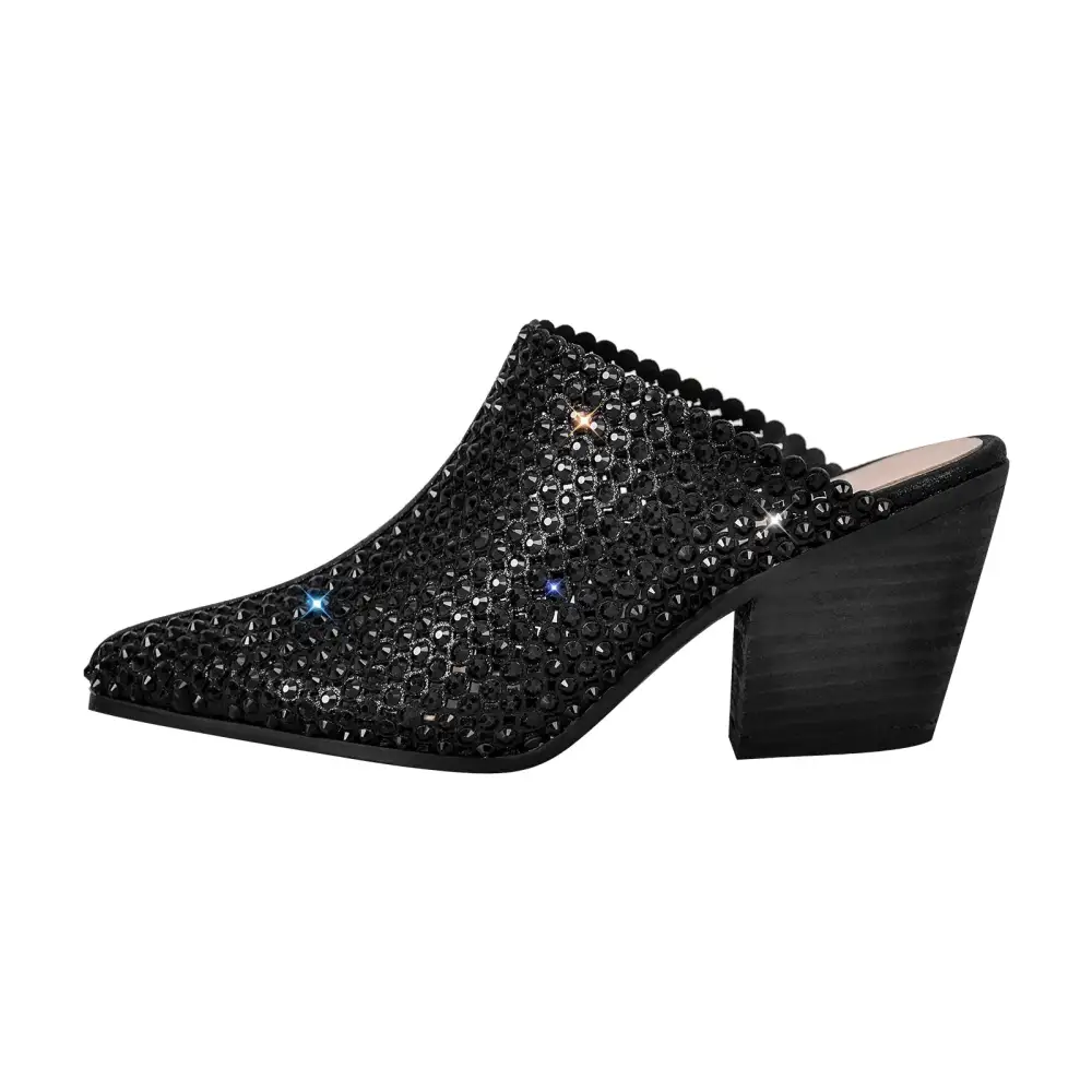 Rhinestone Pointed Toe Chunky Heel Heeled Mules