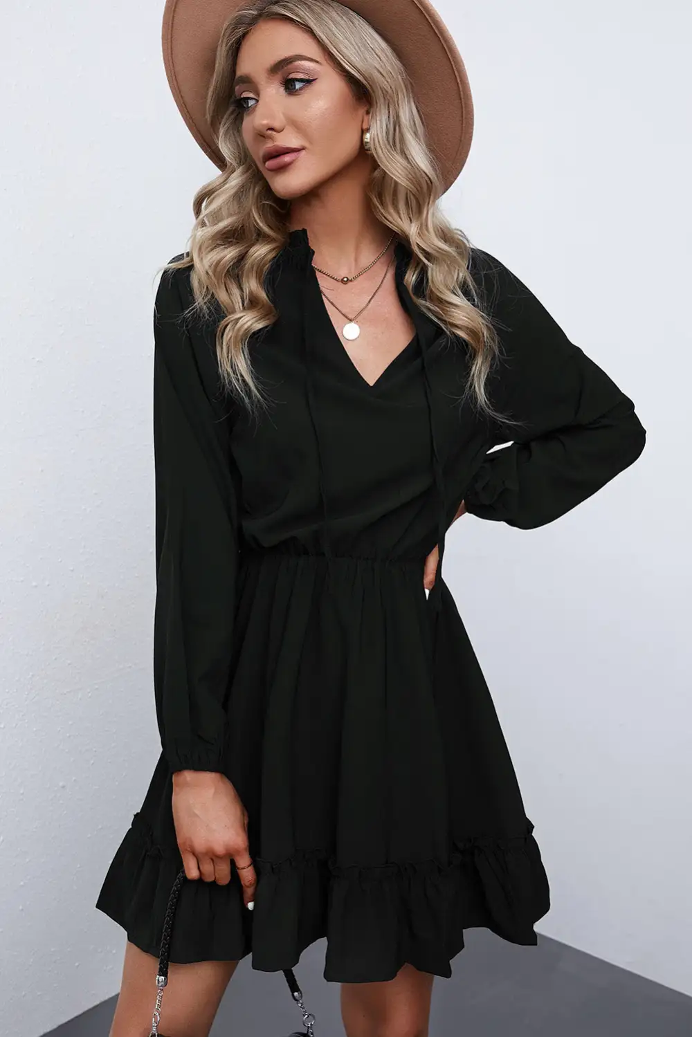 Bubble Sleeve Split Neck Ruffle Tunic Dress