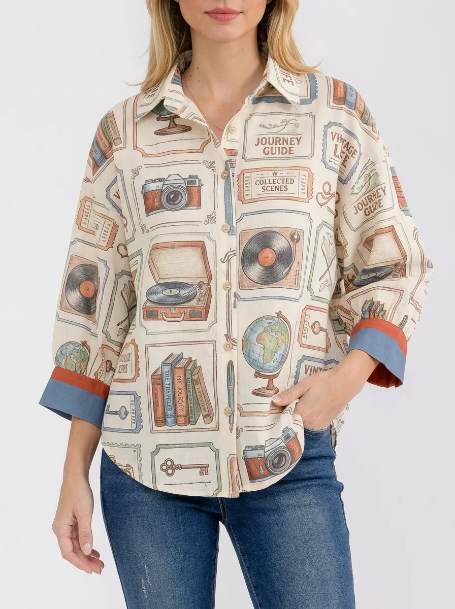 Women's Travel Hobby Vintage Stamp Graphic Button-Up Shirt
