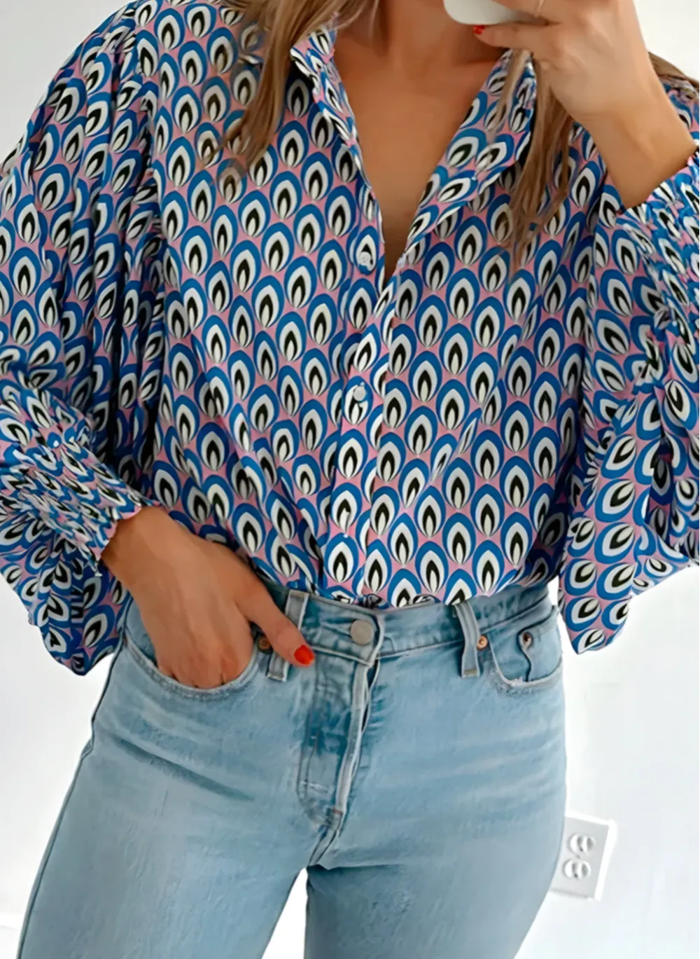 Abstract Print Shirred Puff Sleeve Shirt Blouse