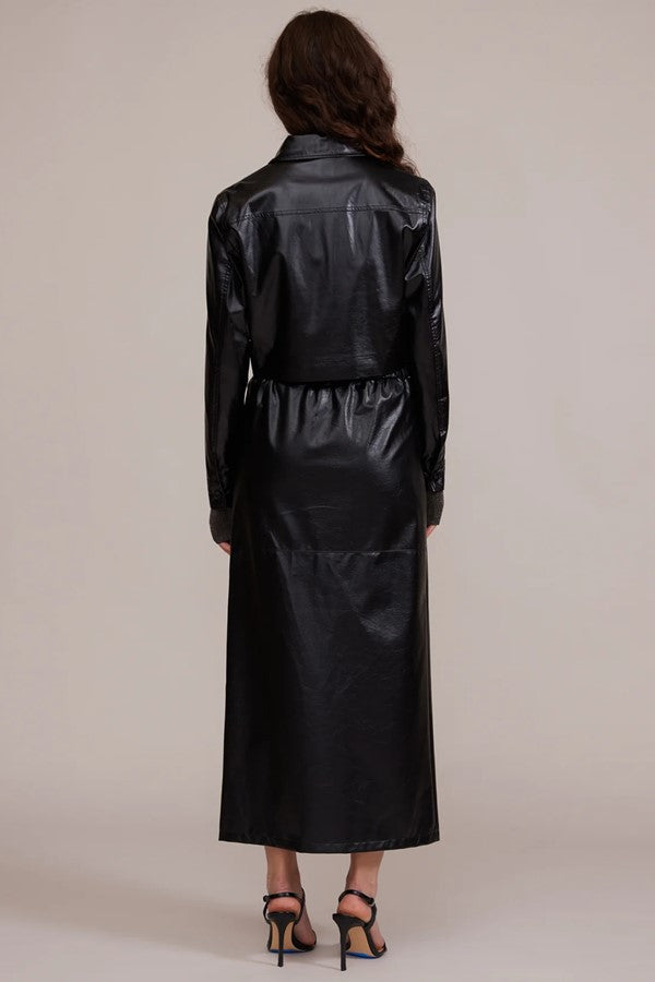 Black Faux Leather Slit Midi Skirt