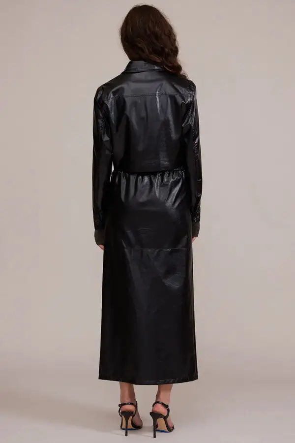Black Faux Leather Slit Midi Skirt
