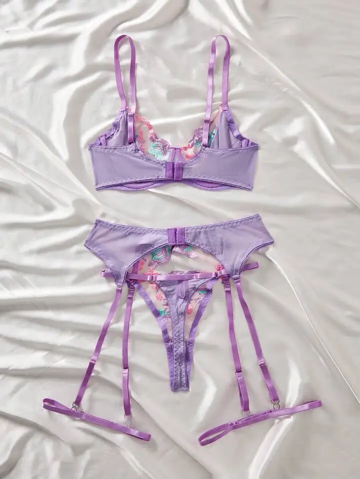 Floral Embroidered Lace Garter Lingerie Set