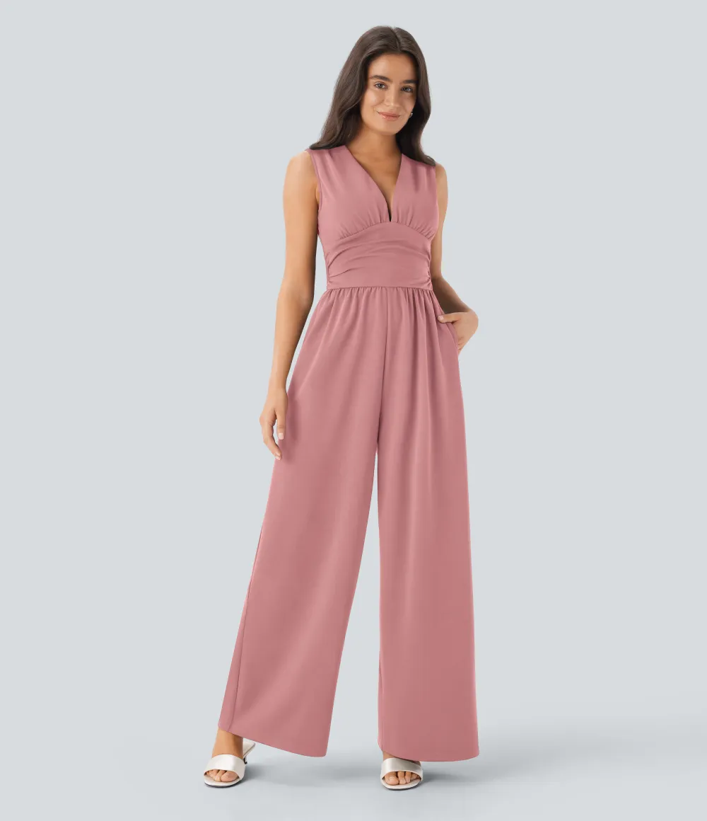 SculptKnit V Neck Sleeveless Ruched Pocket Jumpsuit-Easy Peezy