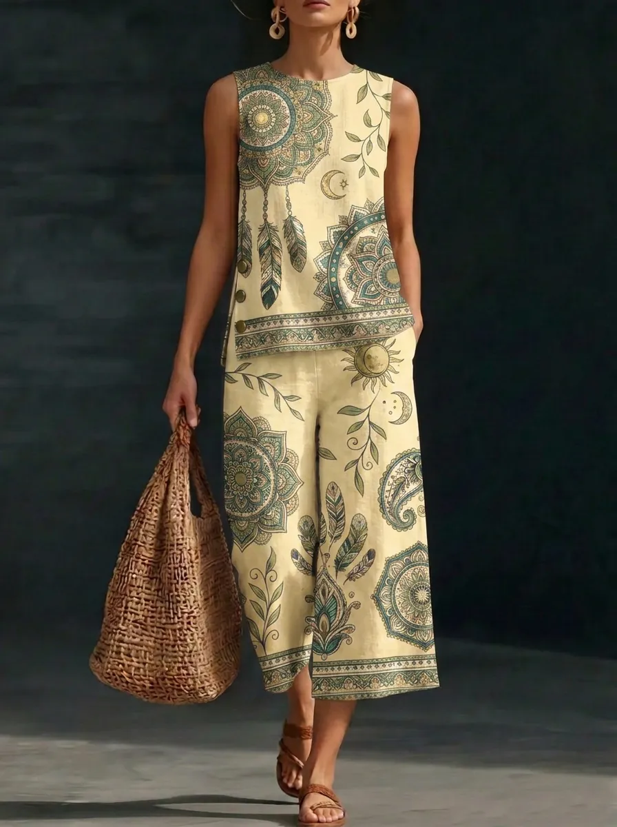 Women's Boho Mandala Feather Printed Sleeveless Set