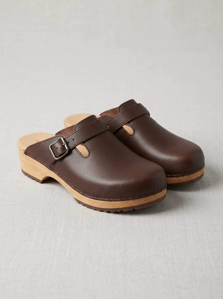Men's Buckle-Strap Cutout Wooden-Sole Clogs