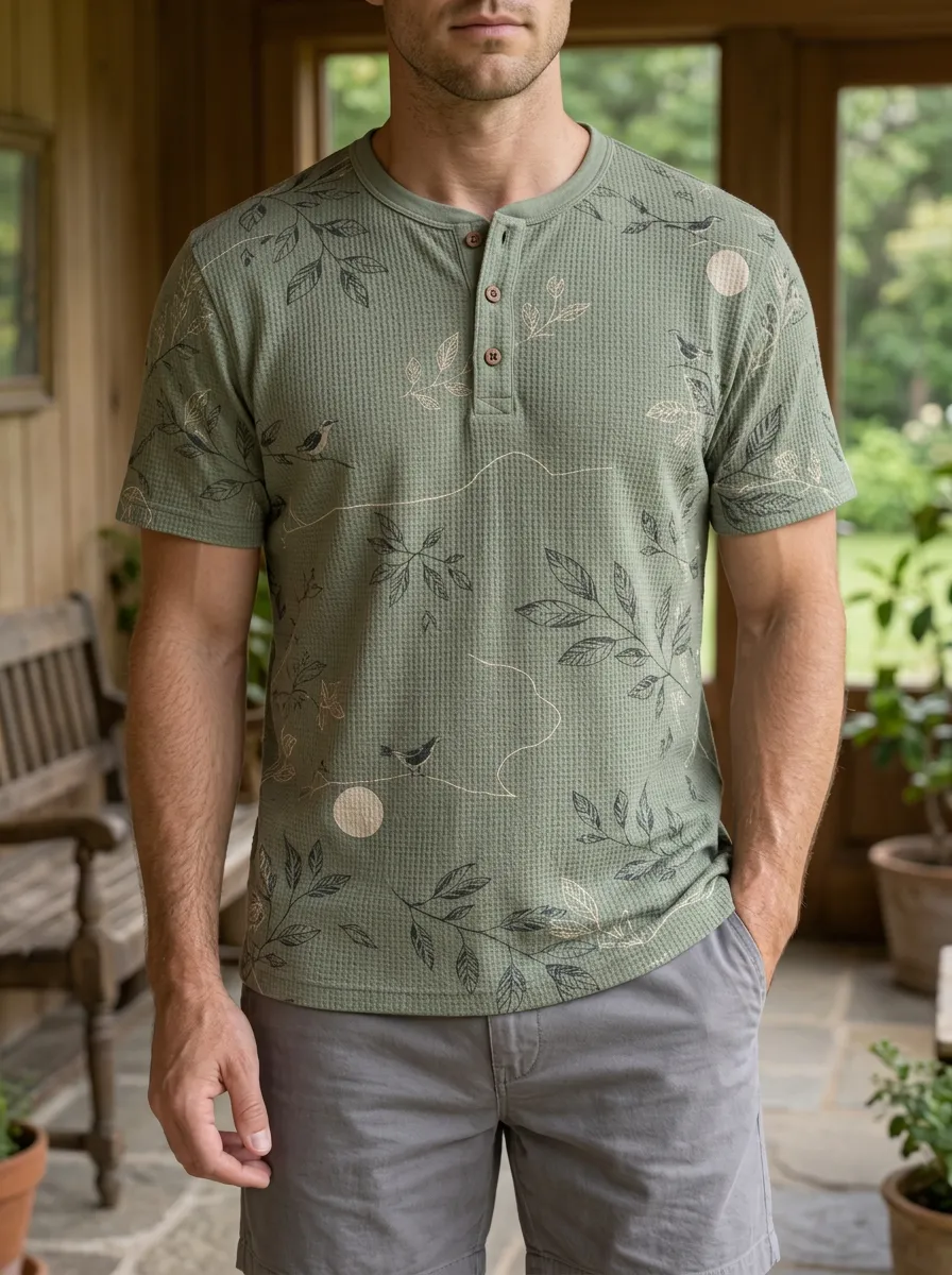 Men's Relaxed Nature Lover Bird and Leaf Waffle Henley T-Shirt