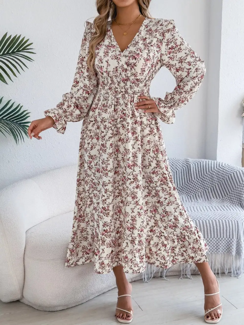 Clean Line Floral V Neck Ruffle Dress