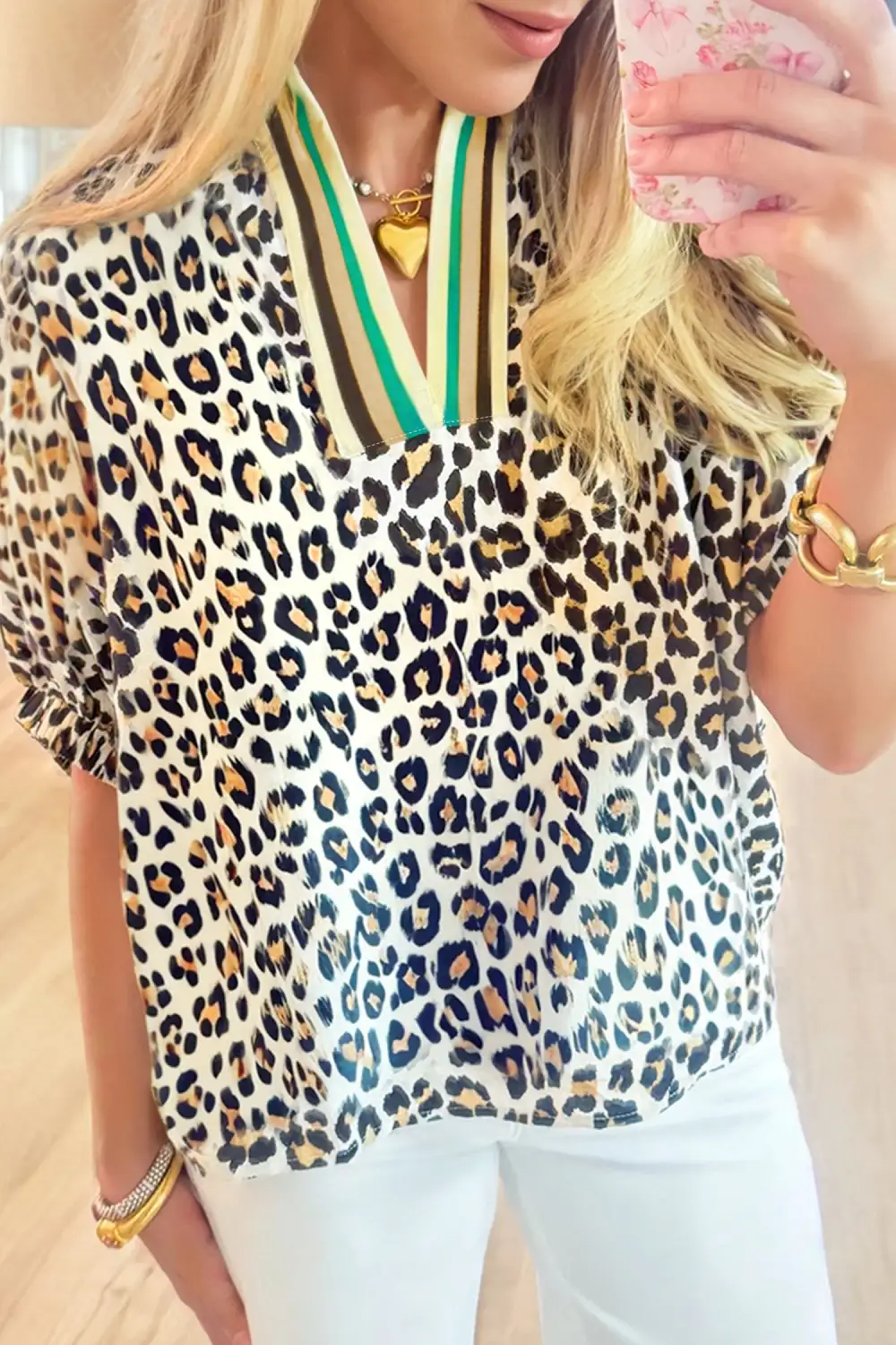 Women's Striped Leopard Print Colorblock Top