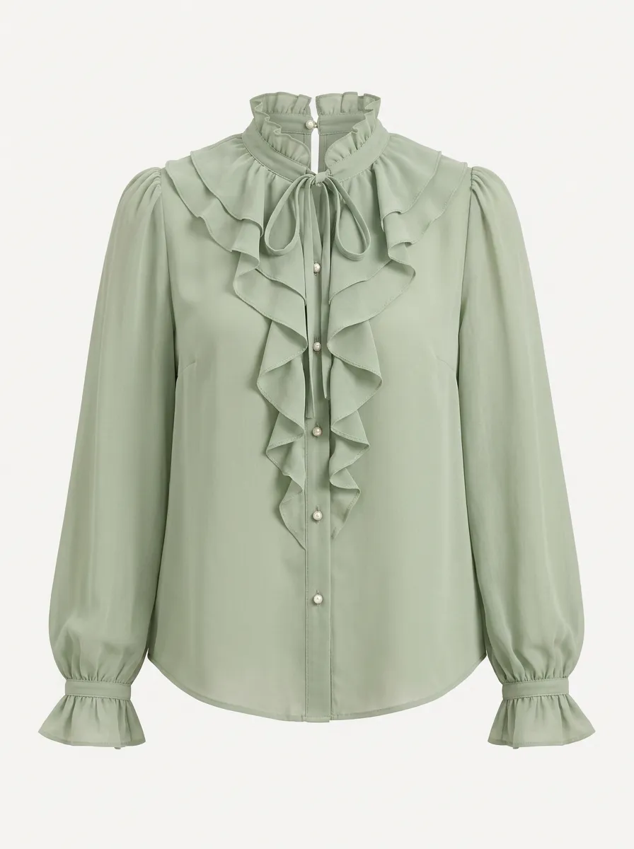 Women's Vintage Ruffle Mock Neck Pearl Button Long Sleeve Blouse