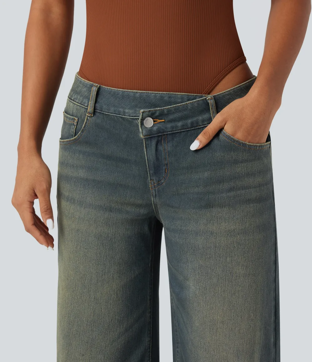 Asymmetric Low Rise Zipper Pockets Baggy Wide Leg Washed Casual Jeans