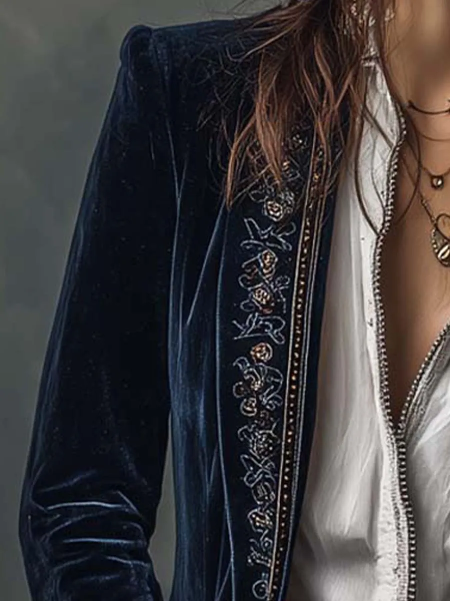 Open-Front Lapel-Collar Velvet Vintage-Inspired Tailored Jacket
