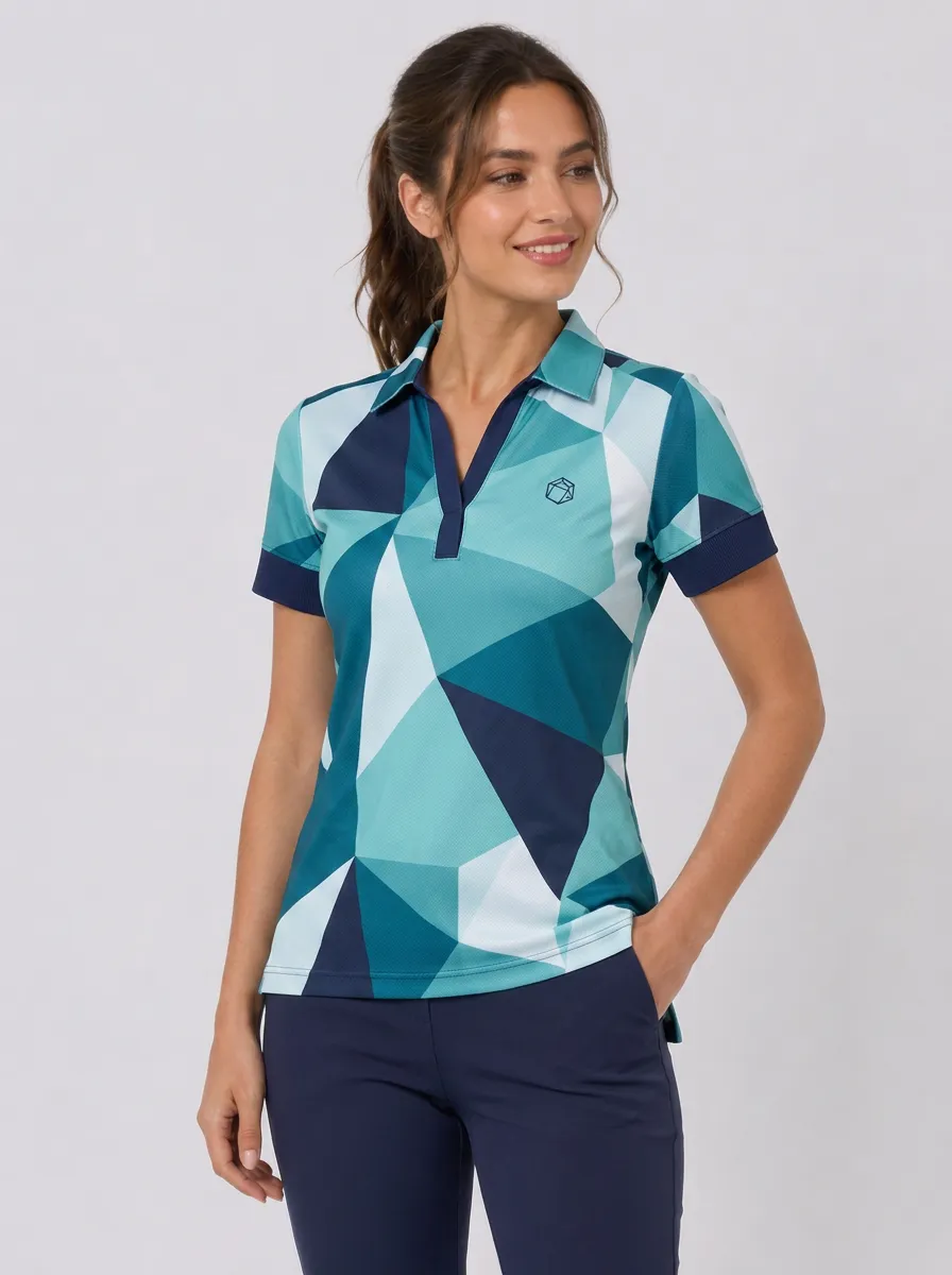 Women's Geometric Pattern Teal Blue Printed Polo Shirt