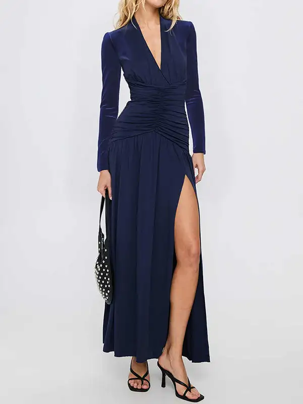 Side Pleated Neck Maxi Dress