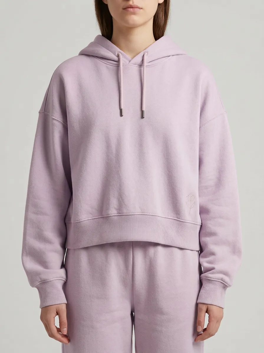 Women's Minimalist Floral Embroidered Beige Cropped Hoodie