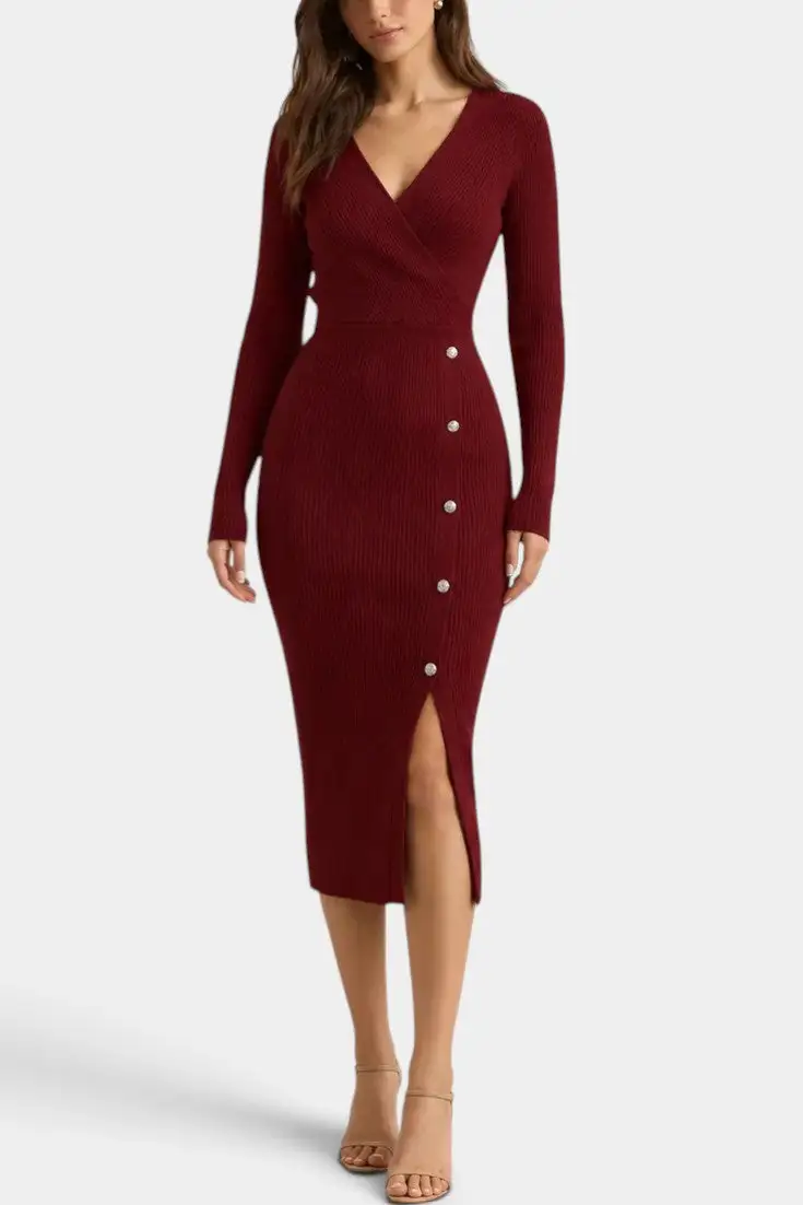 Ribbed-Knit V-Neck Midi Dress