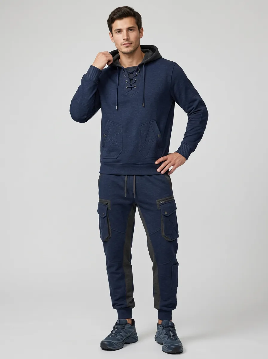 Core Lace-Up Multi Pocket Essential Men's Lace Up Hoodie And Cargo Jogger Set