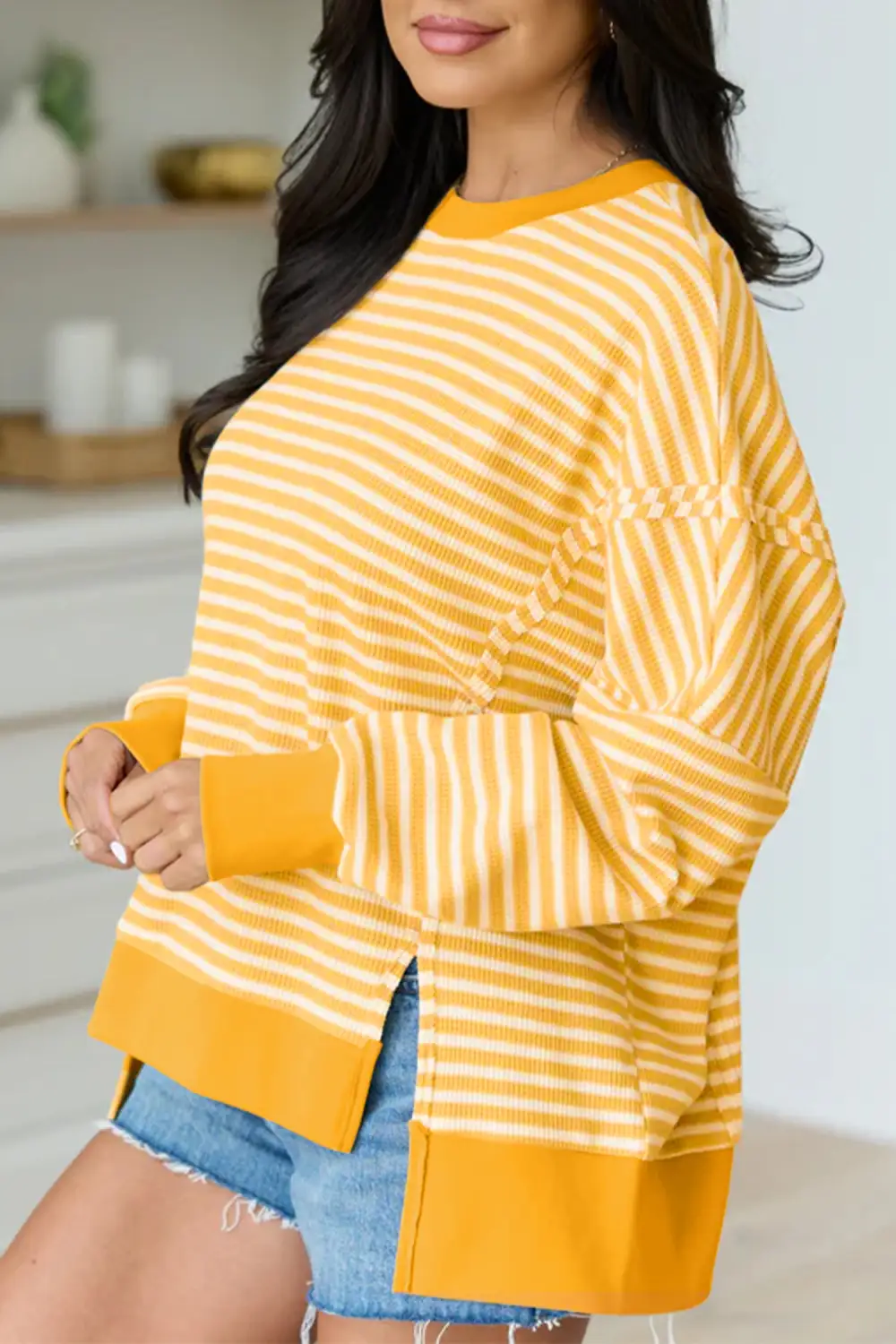 Striped Colorblock Textured Knit Women's Top